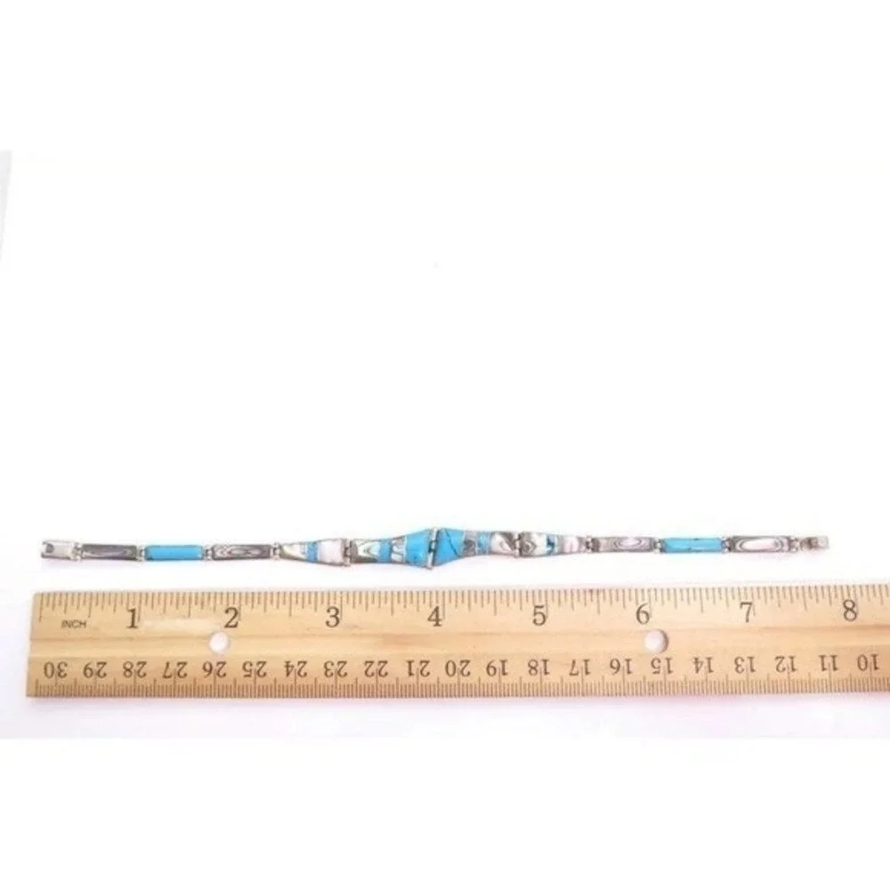 STERLING SILVER TURQUOISE ABALONE INLAY LINK BRACELET‎ NATIVE AMERICAN STYLE
